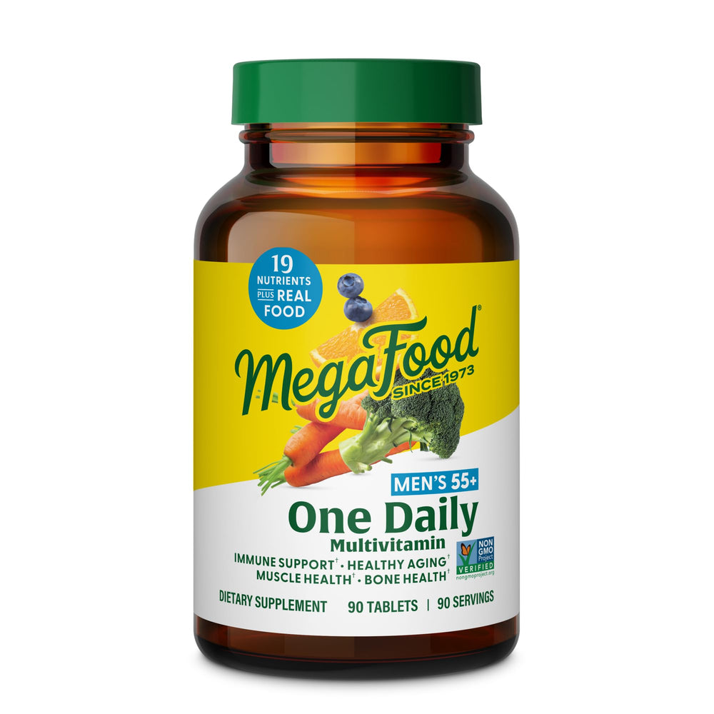 MegaFood Men 55+ bottle front displaying daily multivitamin for healthy aging