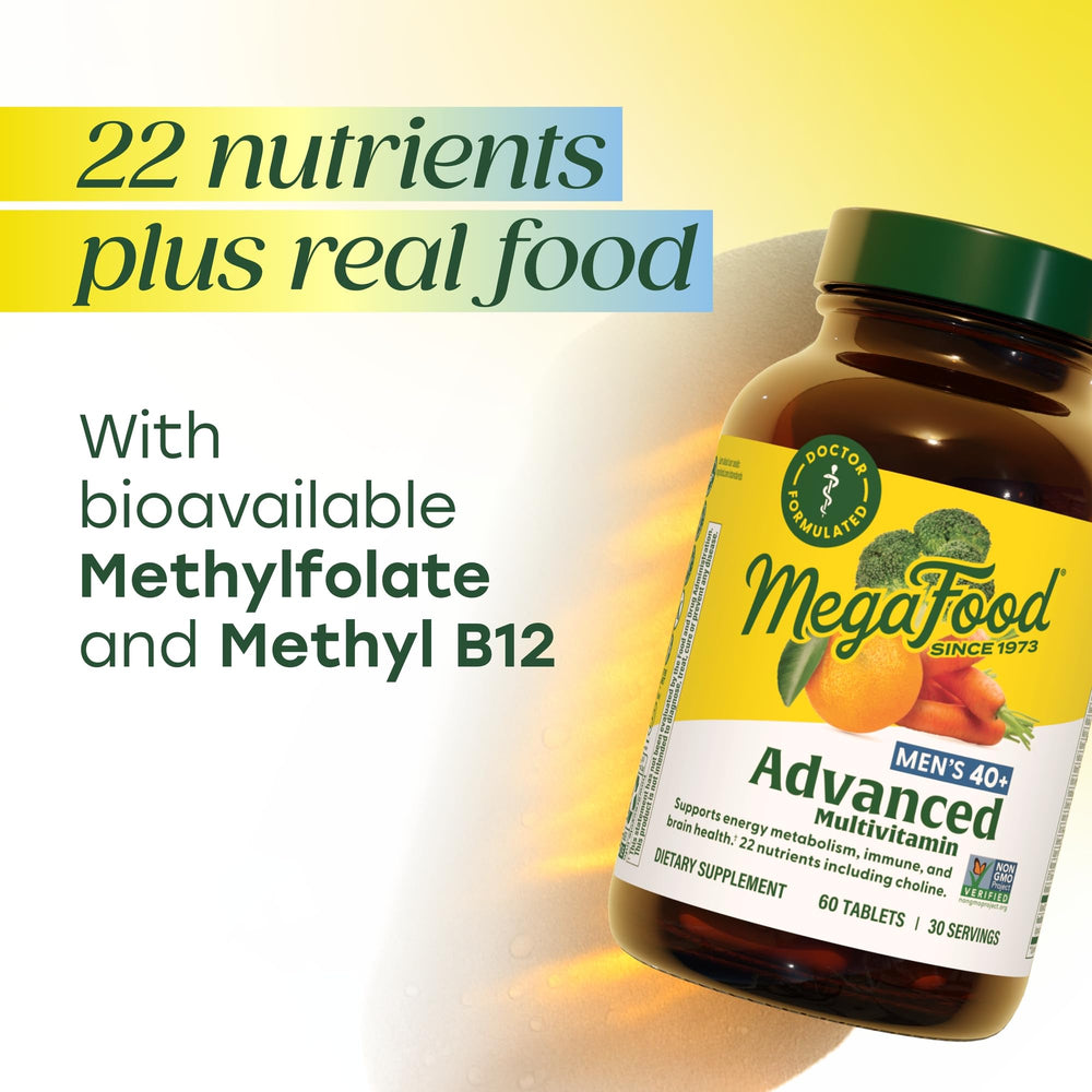 MegaFood Men's 40+ label detail emphasizes bioavailable nutrient forms.