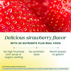 Nutrition label panel on back of MegaFood bottle showing 20 nutrients and real-food ingredients.