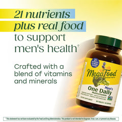 MegaFood One Daily Men's Multivitamin real-food blend graphic with blueberrry, orange, broccoli.