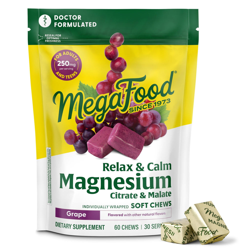 MegaFood Relax Calm bottle front shows grape flavored magnesium supplement