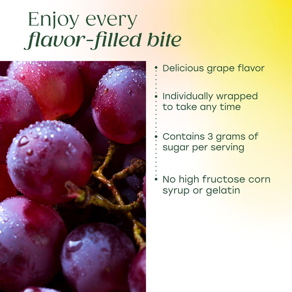 Close up of MegaFood Relax Calm grape chews supporting daily relaxation