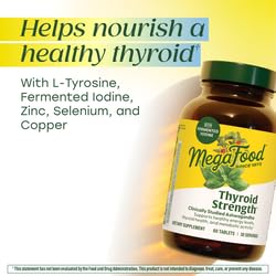 Label closeup of MegaFood Thyroid Strength, highlighting ingredients.