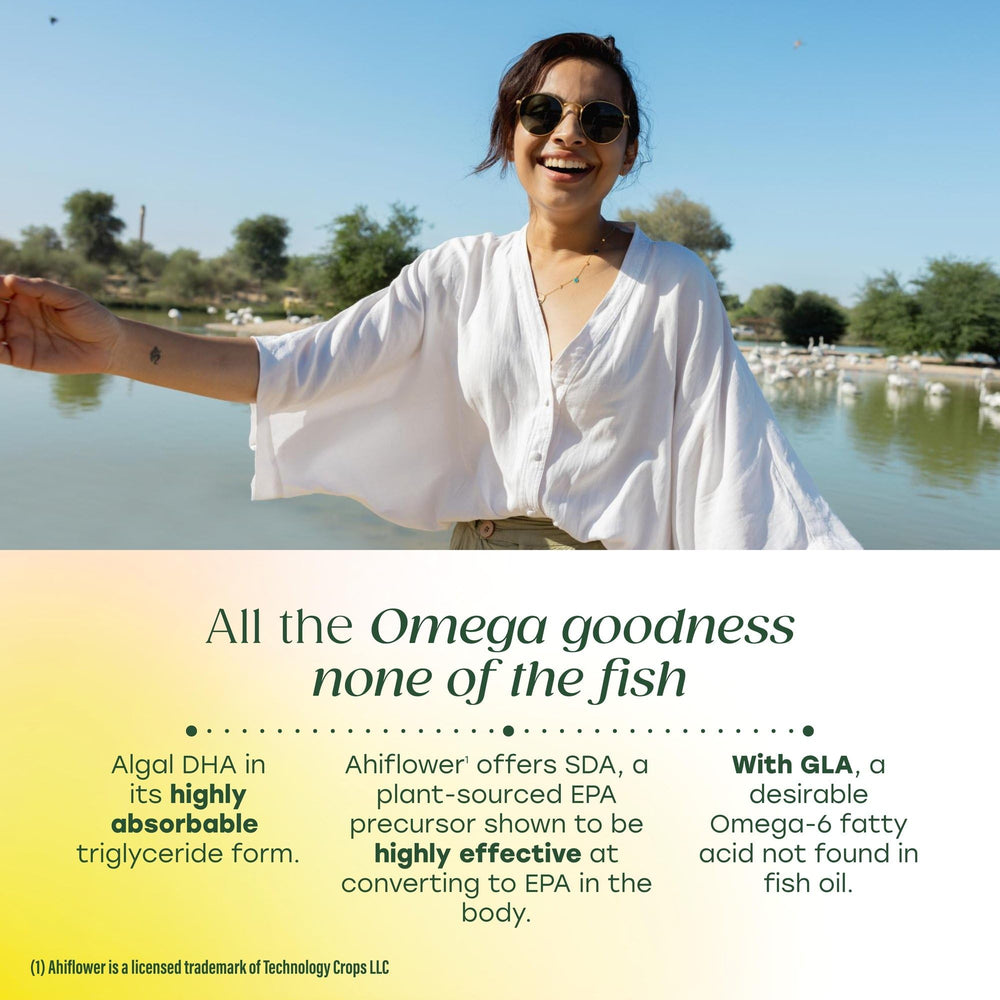 MegaFood Omega bottle with glass suggests easy daily use.