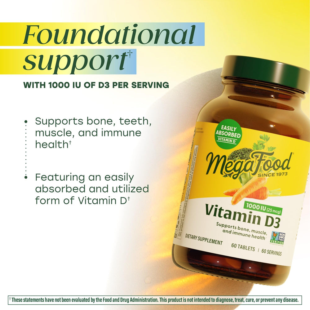 MegaFood Vitamin D3 1000 IU bottle pour suggests simple daily intake.