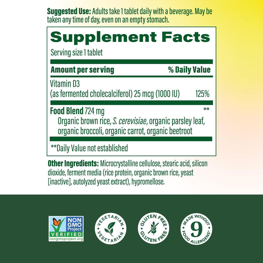 MegaFood Vitamin D3 1000 IU label closeup highlights vegetarian, non-GMO formula.