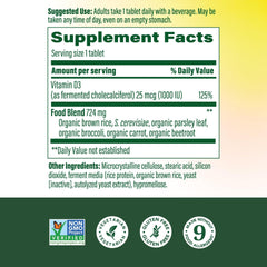 MegaFood Vitamin D3 1000 IU label closeup highlights vegetarian, non-GMO formula.