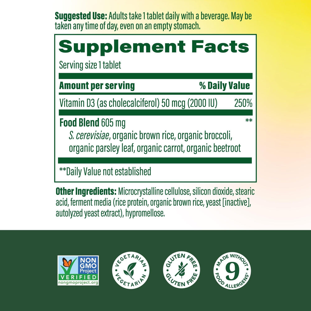 MegaFood Vitamin D3 label displays 2000 IU and real-food sourcing details.
