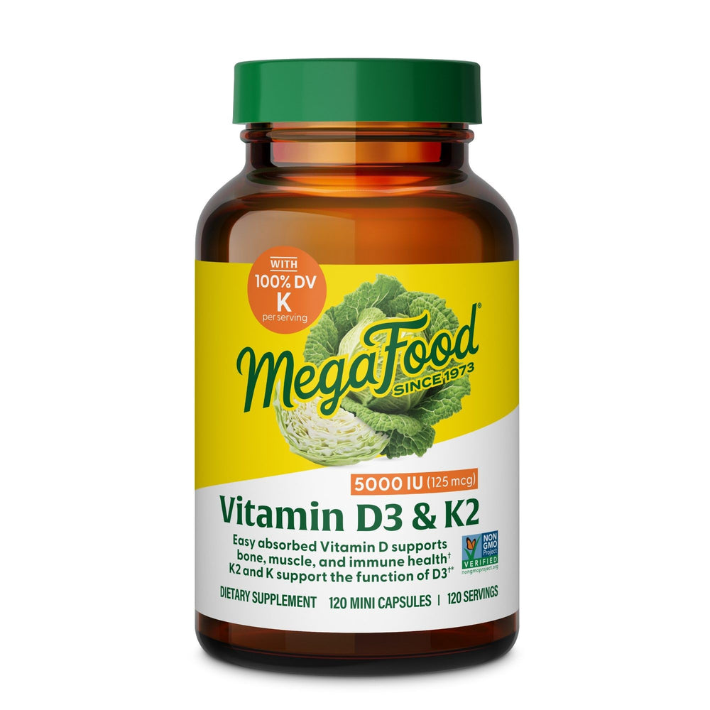 MegaFood Vitamin D3 5000 IU bottle front highlighting vegetarian bone support