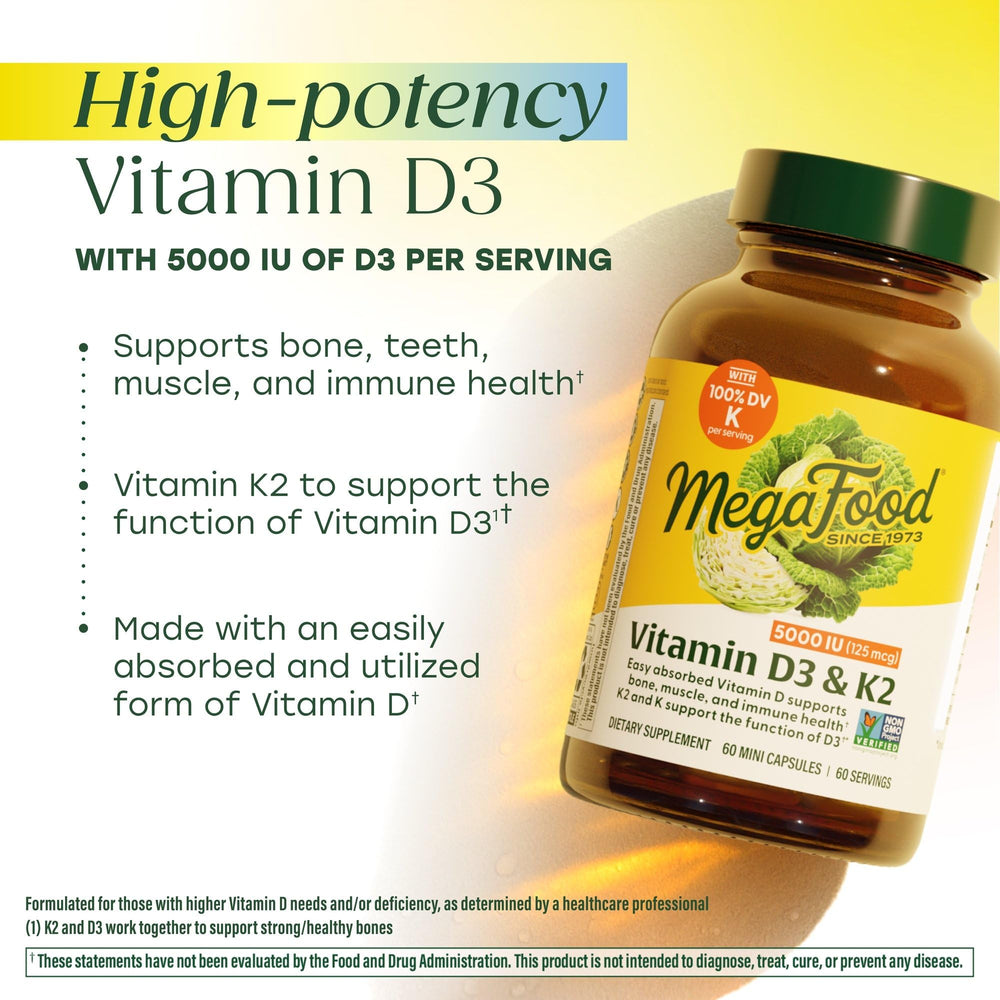 Label details show D3 with K2 and allergen-free features from MegaFood