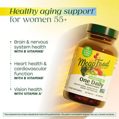MegaFood Women 55+ multivitamin bottle with label showing vegetarian, non-GMO benefits.