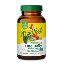 MegaFood Women 55+ multivitamin bottle close-up highlighting real food ingredients for aging support.