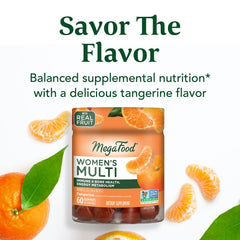MegaFood Women's Multi gummies closeup reveals real fruit pieces and two gummies per serving for convenience