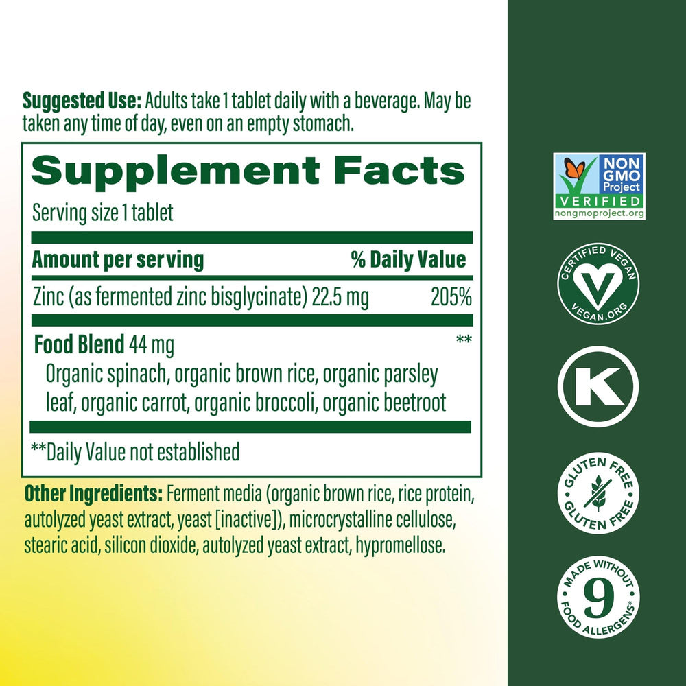 Close-up of MegaFood zinc tablets highlighting fermentation-based potency