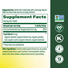 Close-up of MegaFood zinc tablets highlighting fermentation-based potency