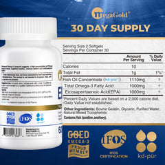 MegaGold bottle dispensing softgels, convenient daily dosing.