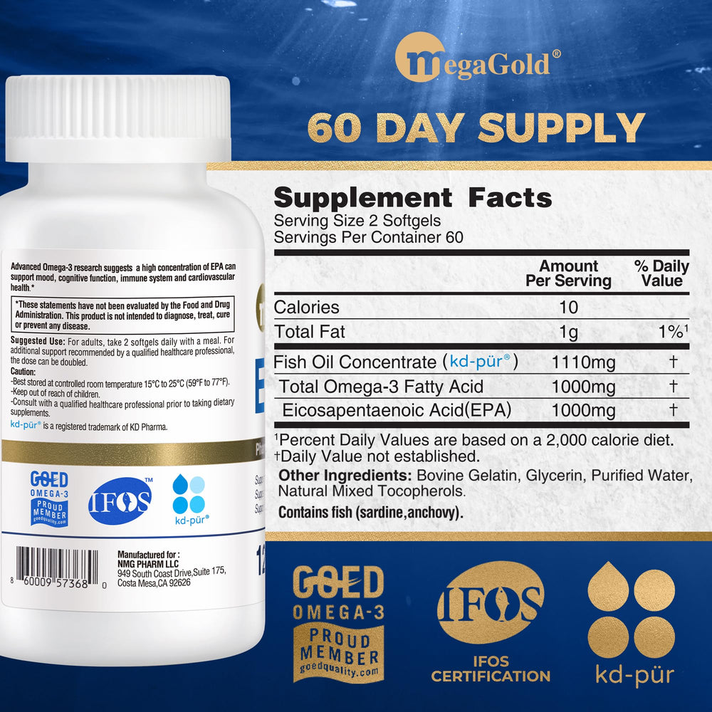 MegaGold burpless softgels intended for convenient omega-3 intake daily.