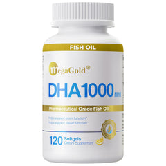 MegaGold DHA 1000 bottle with lemon-flavored softgels for daily use.