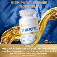 MegaGold DHA 1000 softgels closeup highlighting lemon flavor and easy swallow design