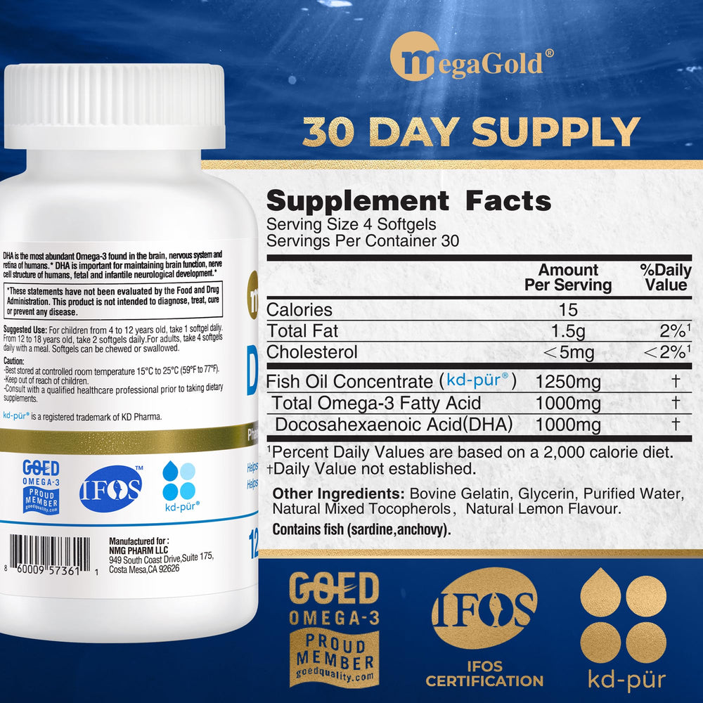 MegaGold DHA 1000 softgels highlight lemon flavor for a pleasant dose.