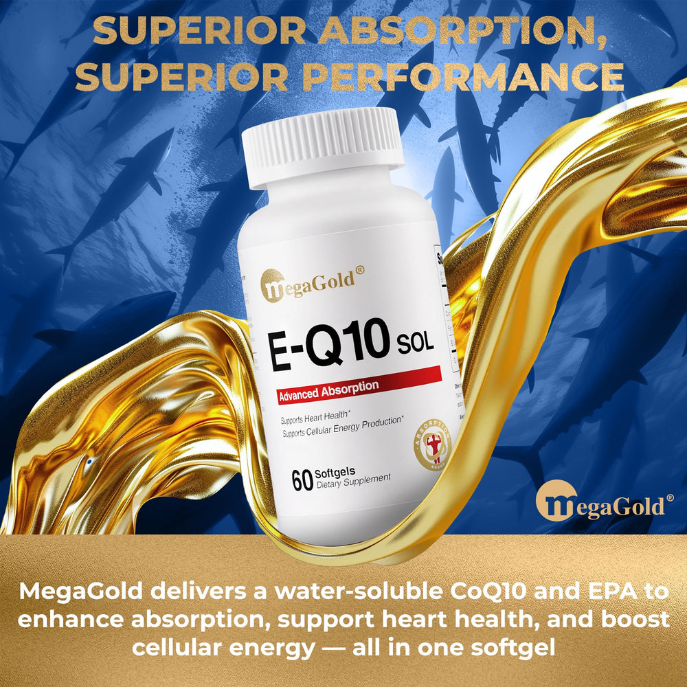 MegaGold E-Q10 Sol softgels on hand, convenient daily energy potential.