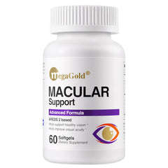 Megagold Macular bottle front highlighting premium eye support for seniors.