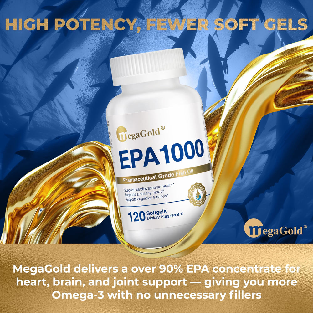 MegaGold mini softgels close-up highlighting burpless design for easy swallowing.