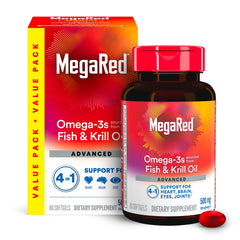 MegaRed 4in1 softgel bottle showing omega-3 and krill oil for daily heart support.