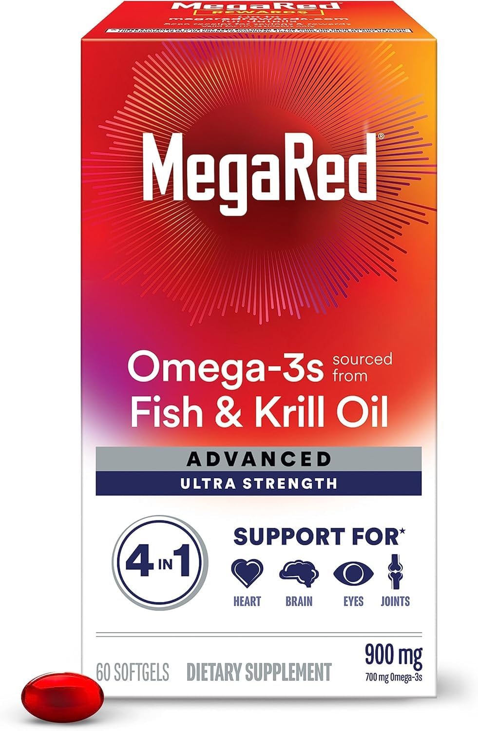 Megared Advanced 4in1 softgel bottle supports heart health, joint comfort, brain health, and eye health.