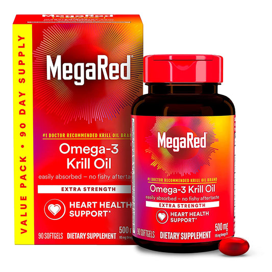 MegaRed Antarctic Krill Oil bottle front view highlighting purity.