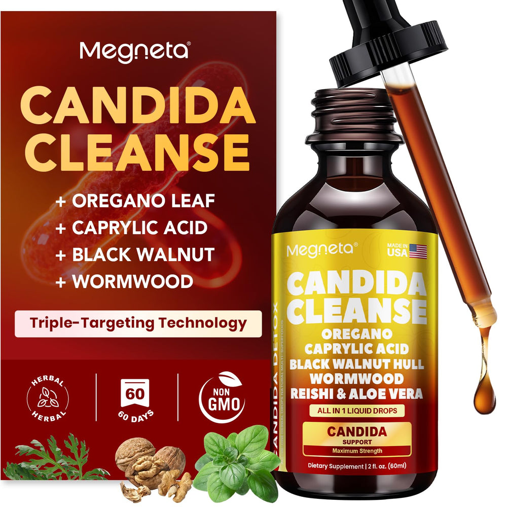 MEGNETA Candida Cleanse bottle promotes daily gut balance.