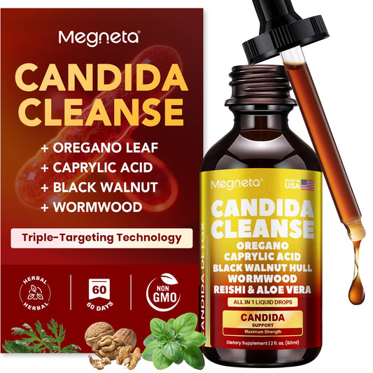 MEGNETA Candida Cleanse bottle promotes daily gut balance.