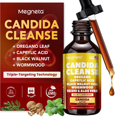 MEGNETA Candida Cleanse bottle promotes daily gut balance.