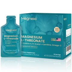 MEGNETA magnesium L-threonate liquid bottle highlighting high-absorption formula for daily focus.