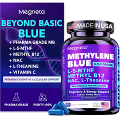 MEGNETA methylene blue capsules label, purity for cognitive support.