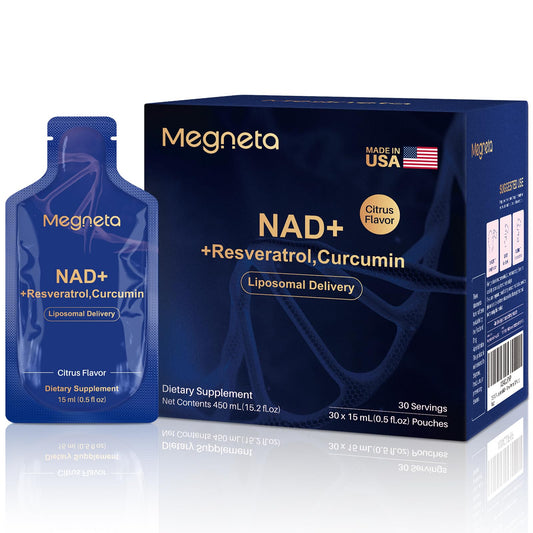 MEGNETA NAD liposomal liquid bottle showing easy dosing for daily energy support