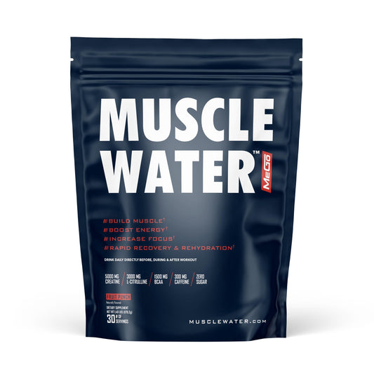 MEGO Muscle Water pre-workout powder pours into a glass for a clean energy boost.