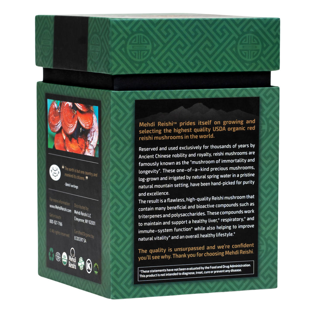 Mehdi Reishi extract powder close-up emphasizes high potency.