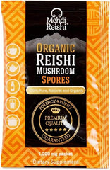 Mehdi Reishi spore powder packaging and label emphasizes organic purity.
