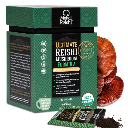 Mehdi Reishi Ultimate Formula bottle showcases premium reishi blend for daily wellness.