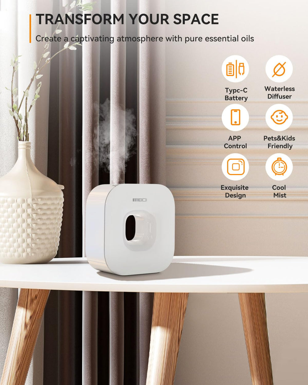Meidi waterless diffuser portable dual-power design enables cordless use anywhere.