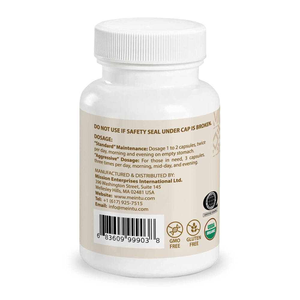 Close-up of Meintu Essiac capsules label on bottle