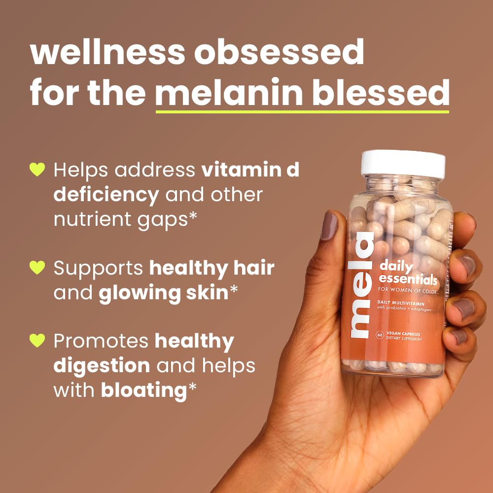 Mela Daily Essentials probiotic blend with five strains for gut health.