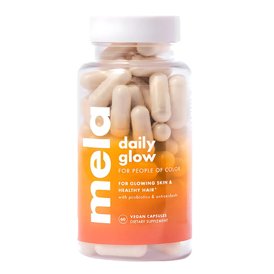 Mela Daily Glow bottle front with vegan capsules for radiant skin