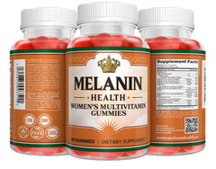 Melanin Health Womens Multivitamin Gummies on a table showing energy-boost benefits.