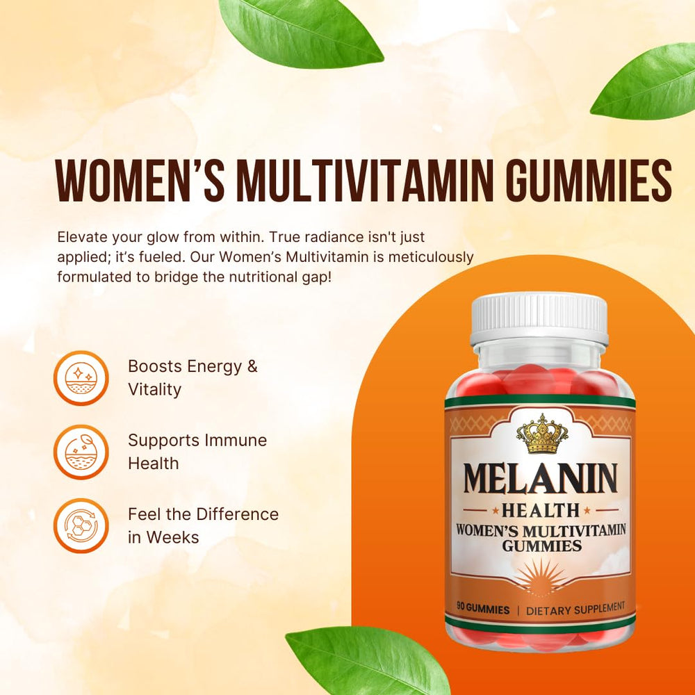 Melanin Health Womens Multivitamin Gummies displaying healthy hair and nails glow.