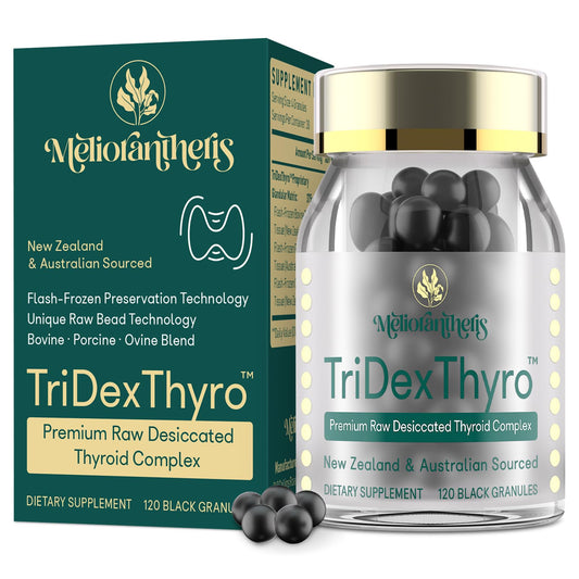 Meliorantheris TriDexThyro bottle with 120 capsules for daily thyroid support.