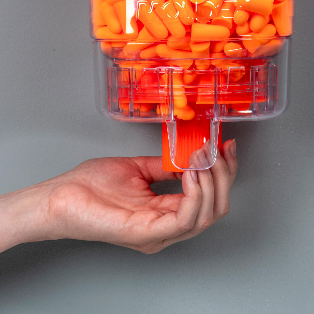 Mellows earplug dispenser features high-visibility color for quick checks.