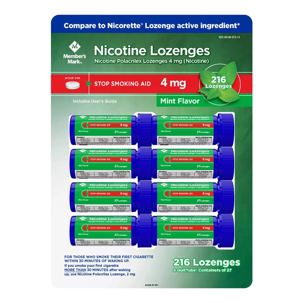 Members Mark mint lozenge packaging with 4 mg nicotine for quit support.