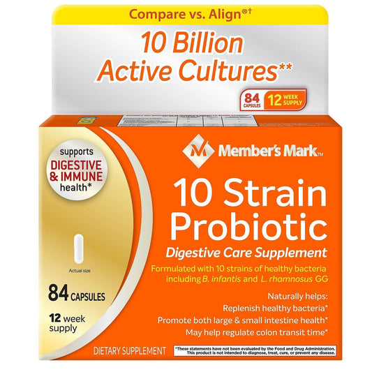 Member's Mark 5X probiotic bottle front view highlighting daily digestive balance